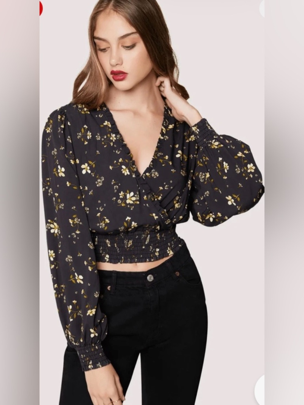 Lost + Wander Dark Floral Wrap Crop Top Size Black Ruffle Trim - Size 3X